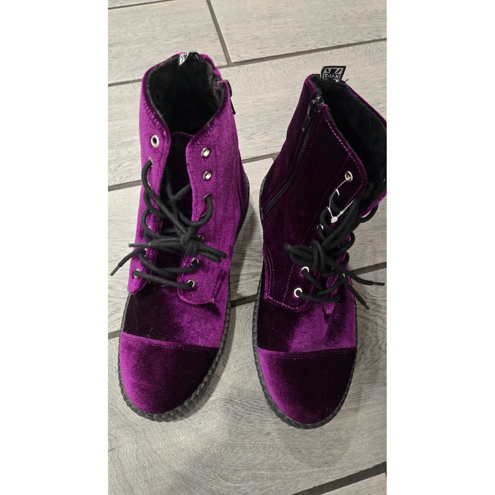 T.U.K. Purple Velvet Creeper Boots Lace Up Platform Ankle Booties Side Zip